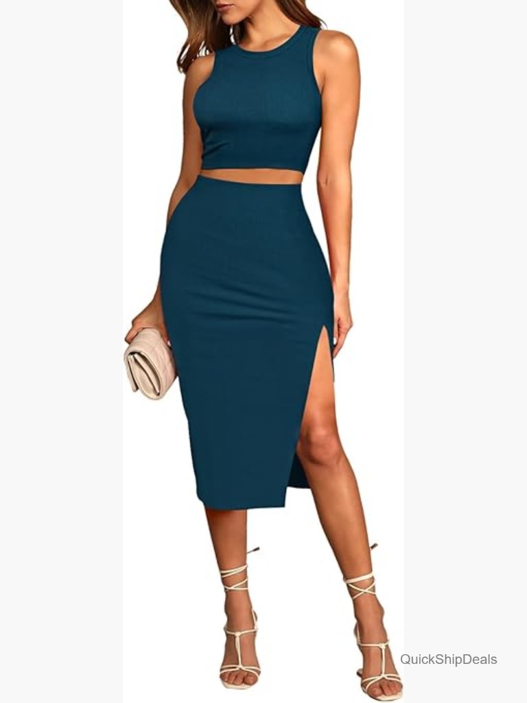 Ribbed Knit 2 Piece Outfit Set Crew Neck Tank Top Bodycon Midi Skirt